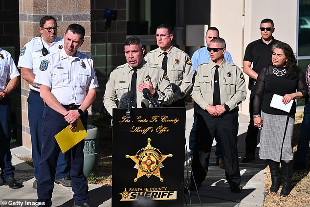 Santa Fe County Sheriff Adan Mendoza (center) speaks during a press conference on February 28, 2025 to provide an update on the investigation into Hackman and Arakawa's deaths. Mendoza said the 'initial findings noted no external trauma to either individual', but reiterated the 'manner and cause of death has not been determined'