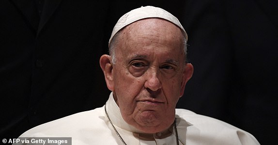 (FILES) Pope Francis holds a meeting with authorities, civil society, and the diplomatic corps at the Belem district's cultural centre in Lisbon, during his five-day visit to attend the World Youth Day (WYD) gathering of young Catholics, on August 2, 2023. Pope Francis, in hospital with pneumonia, suffered a breathing "crisis" which caused him to vomit, but he was given air and responded well, the Vatican said on February 28, 2025. (Photo by MIGUEL RIOPA / AFP) (Photo by MIGUEL RIOPA/AFP via Getty Images)