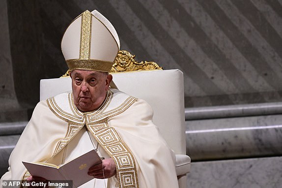 (FILES) Pope Francis leads the vespers at St Peter's basilica in The Vatican, on February 1, 2025. Pope Francis, who has been in hospital since February 14 with pneumonia, was in a stable condition on March 4, 2025 with no repeat of the previous day's respiratory crises, the Vatican said. (Photo by Tiziana FABI / AFP) (Photo by TIZIANA FABI/AFP via Getty Images)