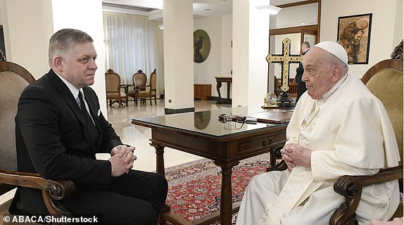 Mandatory Credit: Photo by ABACA/Shutterstock (15151092c) Frail Pope Francis meets Prime Minister of Slovakia Robert Fico during a private audience at the Vatican on February 14, 2025. After this meeting Pope Francis was admitted to the Gemelli Polyclinic hospital. The Pope was scheduled to undergo several diagnostic tests and continue treatment for his ongoing bout of bronchitis. Pope Francis has been suffering from bronchitis for several days, as he has noted during a couple of public audiences. Frail Pope Francis Meets Prime Minister of Slovakia - Vatican, Rome, Vatican (or Holy See) - 14 Feb 2025