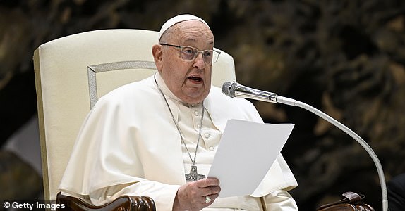 VATICAN CITY, VATICAN - FEBRUARY 12: (EDITOR NOTE: STRICTLY EDITORIAL USE ONLY - NO MERCHANDISING). Pope Francis holds his homily during the weekly General Audience at the Paul VI Hall on February 12, 2025 in Vatican City, Vatican. Pope Francis reiterated his constant appeal for peace, He then mentioned "tormented Ukraine", as he has done at almost every single General Audience since the outbreak of war in the country. "How much it suffers!", the Pope stressed. (Photo by Vatican Media via Vatican Pool/Getty Images)