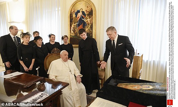 Mandatory Credit: Photo by ABACA/Shutterstock (15151092d) Frail Pope Francis meets Prime Minister of Slovakia Robert Fico during a private audience at the Vatican on February 14, 2025. After this meeting Pope Francis was admitted to the Gemelli Polyclinic hospital. The Pope was scheduled to undergo several diagnostic tests and continue treatment for his ongoing bout of bronchitis. Pope Francis has been suffering from bronchitis for several days, as he has noted during a couple of public audiences. Frail Pope Francis Meets Prime Minister of Slovakia - Vatican, Rome, Vatican (or Holy See) - 14 Feb 2025