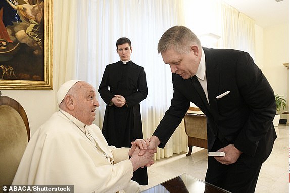 Mandatory Credit: Photo by ABACA/Shutterstock (15151092b) Frail Pope Francis meets Prime Minister of Slovakia Robert Fico during a private audience at the Vatican on February 14, 2025. After this meeting Pope Francis was admitted to the Gemelli Polyclinic hospital. The Pope was scheduled to undergo several diagnostic tests and continue treatment for his ongoing bout of bronchitis. Pope Francis has been suffering from bronchitis for several days, as he has noted during a couple of public audiences. Frail Pope Francis Meets Prime Minister of Slovakia - Vatican, Rome, Vatican (or Holy See) - 14 Feb 2025