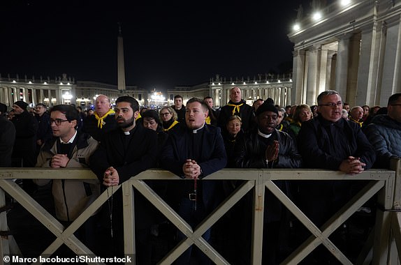 Mandatory Credit: Photo by Marco Iacobucci/Shutterstock (15177828ar) Priest recite on the eighth day, the holy rosary for Pope Francis in St. Peter's Basilica forecourt. Pope hospitalized at the Gemelli Polyclinic for pneumonia. Cardinal Robert Prevost leads the recitation of the Holy Rosary for Pope Francis, Vatican City, Italy - 03 Mar 2025