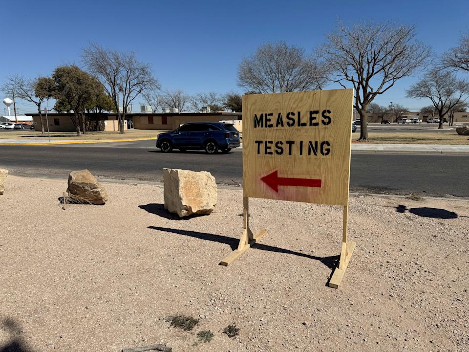 A sign reading "measles testing" is seen as an outbreak in Gaines County, Texas, has raised concerns over its spread to other parts of the state, in Seminole, Texas, U.S., February 25, 2025.