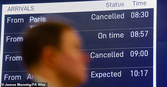 A view of a departures board at St Pancras International station in London, after Eurostar trains to the capital have been halted following the discovery of an unexploded Second World War bomb near the tracks in Paris. Picture date: Friday March 7, 2025. PA Photo. See PA story RAIL Eurostar. Photo credit should read: James Manning/PA Wire