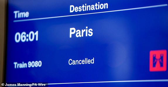 A cancelled train to Paris, visible on a departures screen at St Pancras International station in London, after Eurostar trains to the capital have been halted following the discovery of an unexploded Second World War bomb near the tracks in Paris. Picture date: Friday March 7, 2025. PA Photo. See PA story RAIL Eurostar. Photo credit should read: James Manning/PA Wire