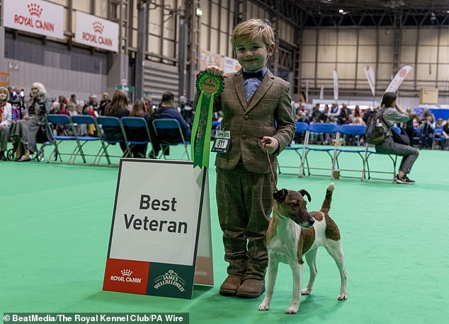 Freddie Osborne, six, from Bobbington, Stafforshire, with Penny a fox terrier (smooth), winner of Best Veteran category