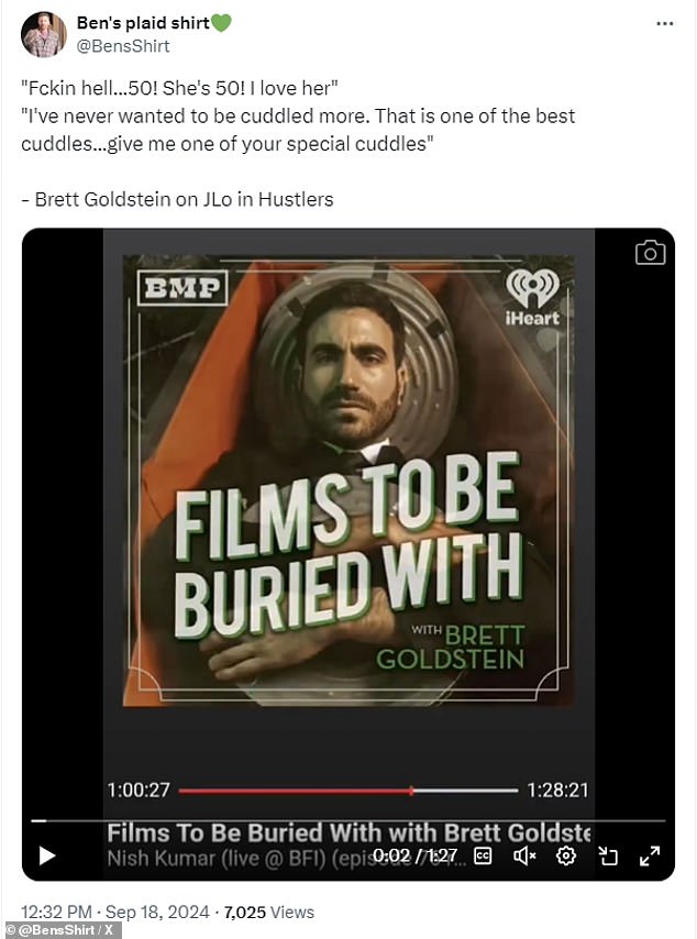 Goldstein gushed about Lopez and shared his desire to be cuddled by her on an episode of his podcast, Films To Be Buried With