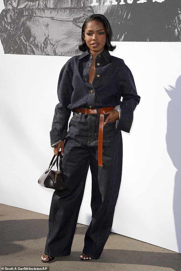 American actress and singer Ryan Destiny turned up the heat as she sported a plunging denim jumpsuit