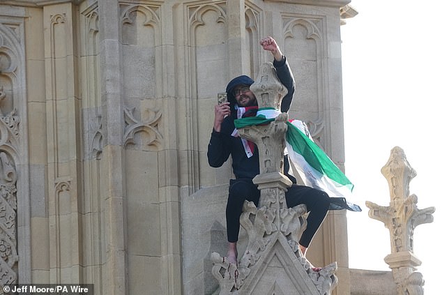 The barefoot man, known as Dan, sparked a major emergency response when he climbed part of the structure while waving a Palestine flag