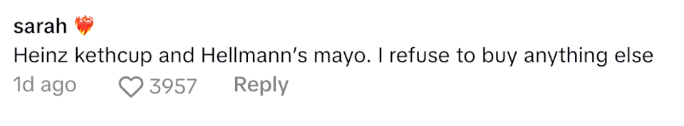 Comment by Sarah declaring loyalty to Heinz ketchup and Hellmann's mayo with heart emoji