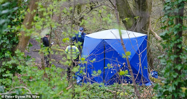 The discovery of a lower torso and thighs by a horrified member of the public sparked a massive police search to identify the victim (Pictured: A forensic tent at Kersal Dale)