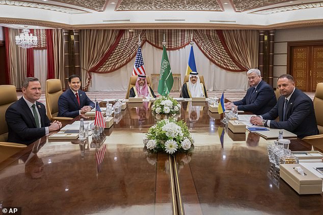 From left, US National Security Advisor Mike Waltz, US Secretary of State Marco Rubio, Saudi Arabian Foreign Minister Prince Faisal bin Farhan, Saudi National Security Advisor Mosaad bin Mohammad al-Aiban, Ukrainian Foreign Minister Andrii Sybiha, and Ukrainian Head of Presidential Office Andriy Yermak hold a meeting in Jeddah, Saudi Arabia, Tuesday, March 11, 2025