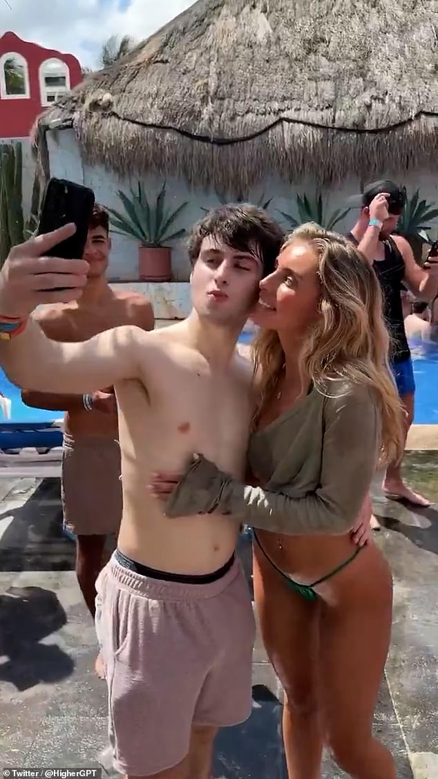 A young man poses for a picture with Blue in Cancun. Blue's latest stunt - which is due to formally kick-off next month - has been condemned online with people taking particular issue with her comments about 'barely legal' young men