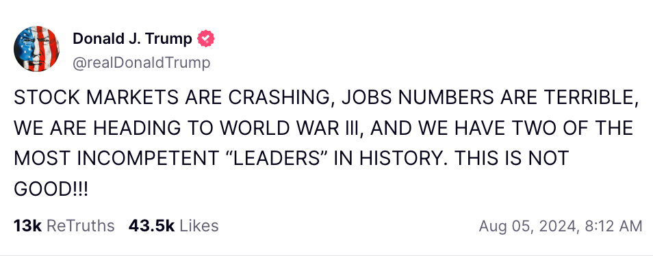 Post by Donald Trump expressing concerns about stock markets, job numbers, and leadership, suggesting a potential crisis. Dated August 5, 2024