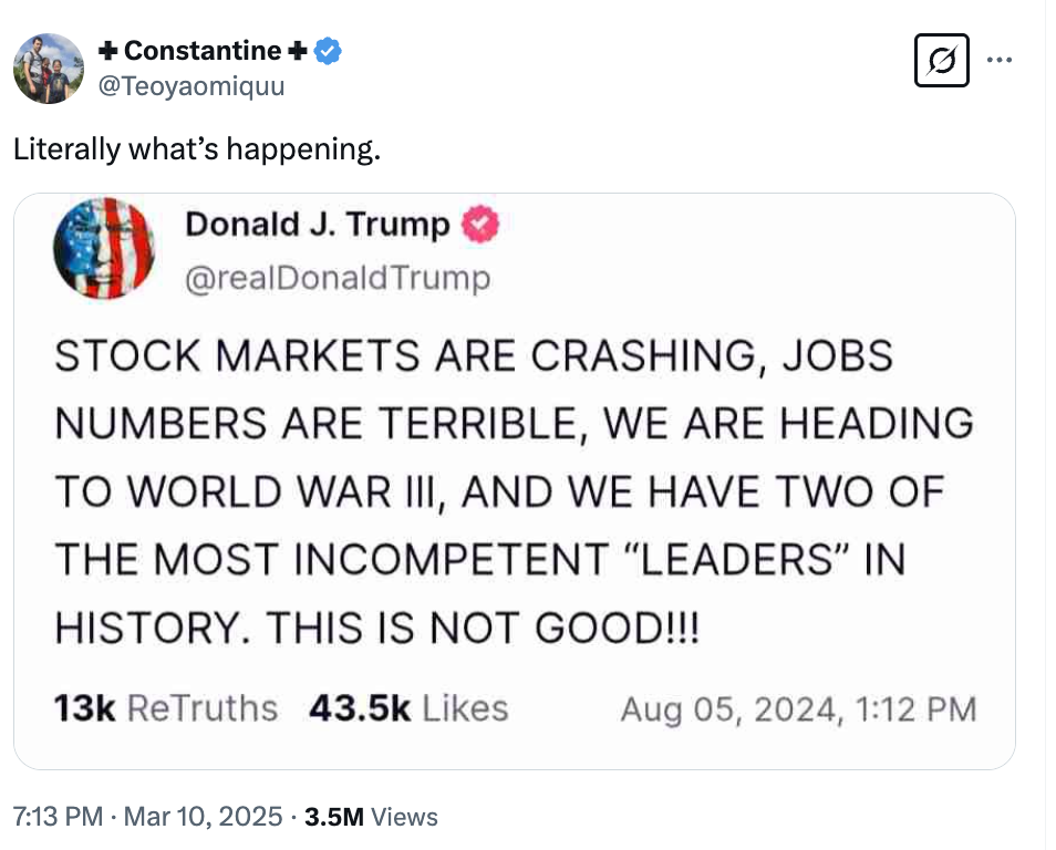 Tweet screenshot: Donald Trump comments about stock markets, job issues, potential World War III, and criticizes leaders. The tweet has over 13k reTruths and 43.5k likes