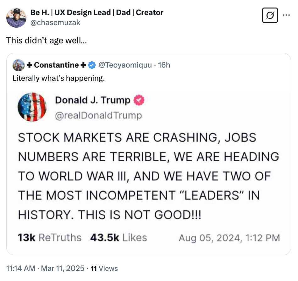 A tweet by Donald Trump discusses negative stock market, job numbers, and leadership issues, predicting World War III