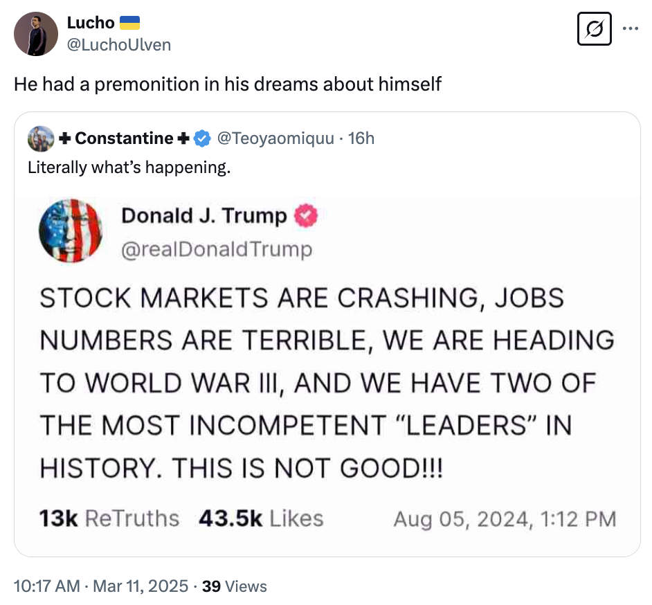 Tweet showing a fake Donald Trump post saying stock markets crashing, jobs numbers terrible, heading to World War III, criticizes leaders