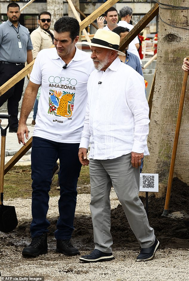 Brazilian President Luiz Inacio Lula da Silva (R) and Para Governor Helder Barbalho visit the area of Parque da Cidade, the venue that will host the activities of the 2025 United Nations Climate Change Conference (COP 30) in Belem