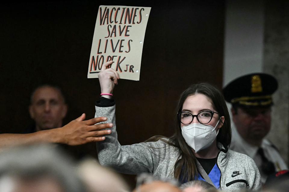 A protester at the Senate confirmation hearing for nominee Robert F. Kennedy Jr. on Jan. 29, 2025.