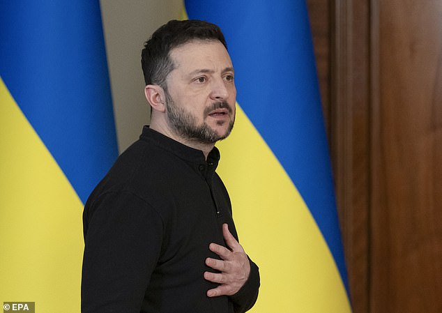 Ukrainian President Volodymyr Zelensky speaks at a press conference in Kyiv, Ukraine, 12 March 2025