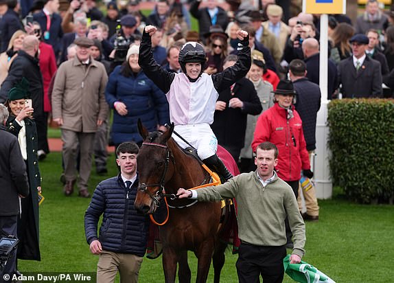 Air Of Entitlement ridden by Rachael Blackmore after winning the Ryanair Mares' Novices' Hurdle on day three of the 2025 Cheltenham Festival at Cheltenham Racecourse. Picture date: Thursday March 13, 2025. PA Photo. See PA story RACING Cheltenham. Photo credit should read: Adam Davy/PA Wire.RESTRICTIONS: Use subject to restrictions. Editorial use only, no commercial use without prior consent from rights holder.