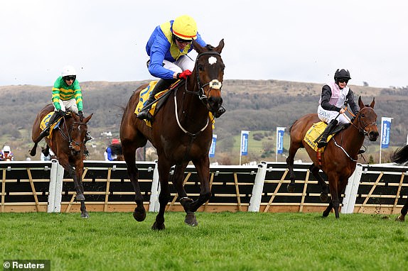 Horse Racing - Cheltenham Festival - Cheltenham Racecourse, Cheltenham, Britain - March 13, 2025 Sixandahalf ridden by Keith Donoghue and Air Of Entitlement ridden by Rachael Blackmore in action during the 13:20 Ryanair Mares' Novices' Hurdle REUTERS/Matthew Childs