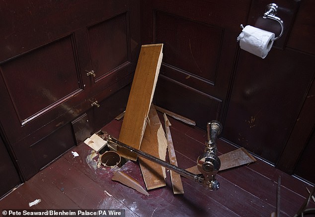 The exhibition allowed visitors to look at and even sit on the statement toilet, which was designed by artist Maurizio Cattelan and plumbed in the palace, near the room where Winston Churchill was born (pictured: the empty space left after the toilet was taken)