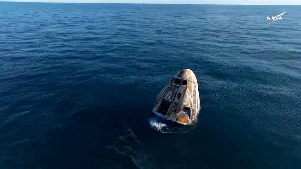 The Crew Dragon capsule containing Butch Wilmore and Suni Williams and two other astronauts floats after their splashdown following their return to earth from the International Space Station off the coast of Florida on Wednesday in a still image from video.