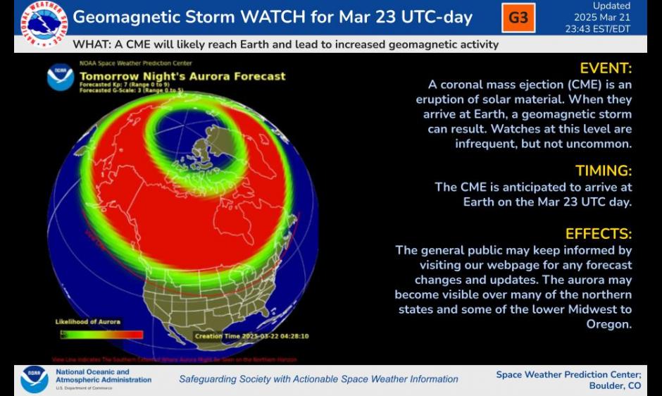 G3 geomagnetic storm prediction for March 22(NOAA)