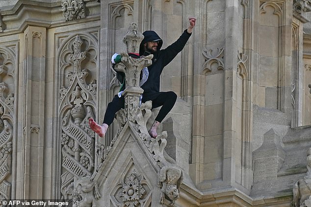 A Pro-Palestine protester has climbed Big Ben barefoot as emergency services raced to the scene this morning.