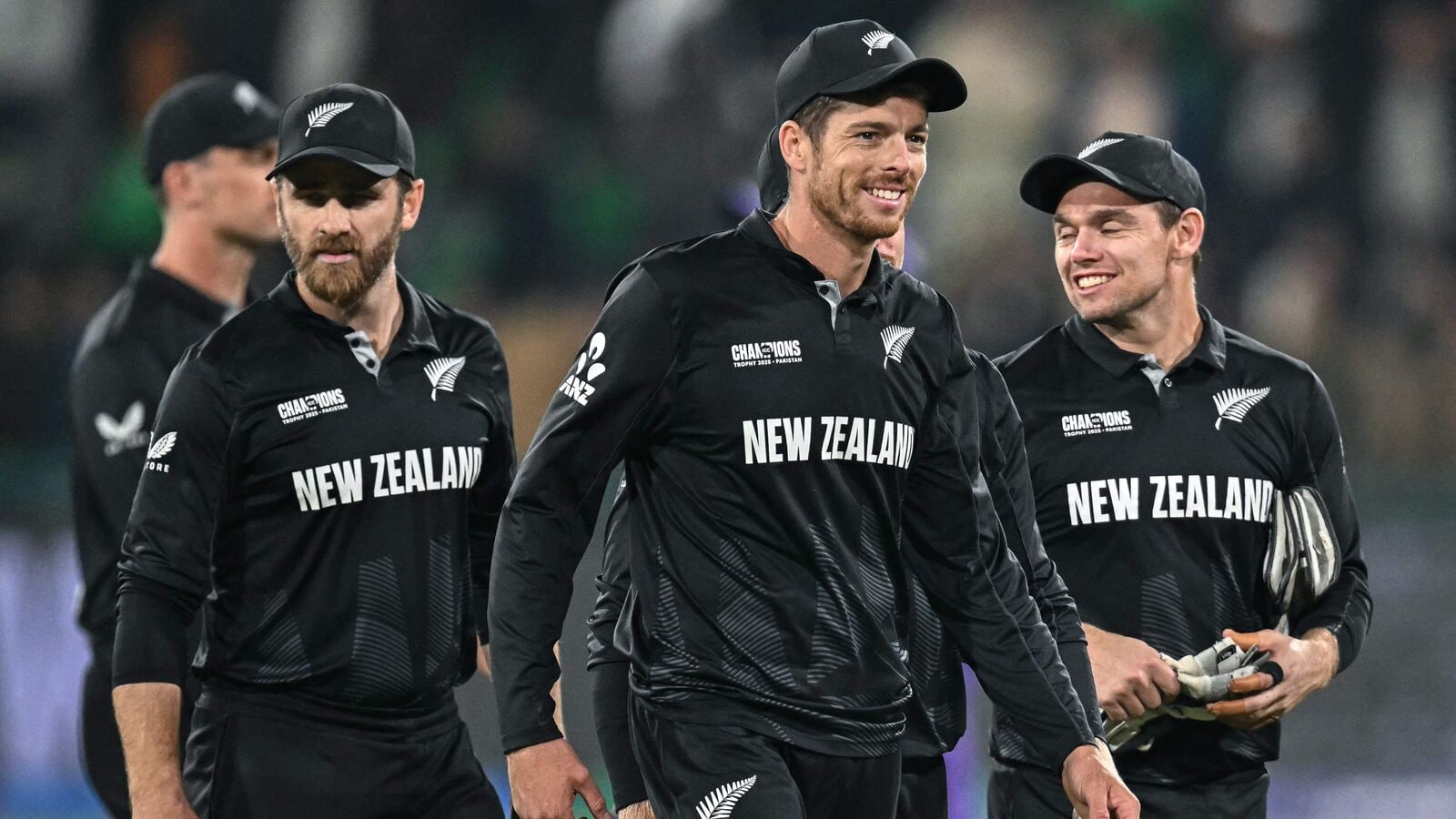 New Zealand players celebrate after beating South Africa in the semifinal of the ICC Champions Trophy 2025 in Lahore.