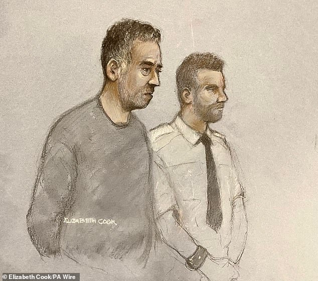 Court sketch of Paul Butler (left) appearing at Plymouth Magistrates' Court charged with the murder of Claire Chick