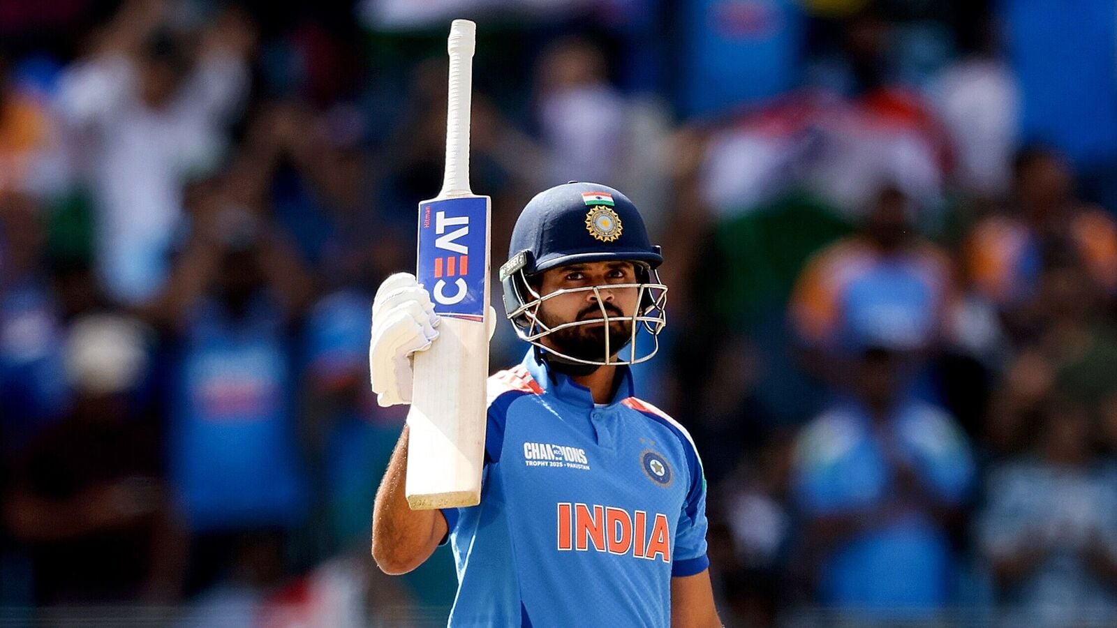 Ind VS NZ, CT 2025: India's Shreyas Iyer celebrates his half-century during the ICC Champions Trophy 2025 - Group A match against New Zealand, at Dubai International Cricket Stadium in Dubai on Sunday. (ANI Photo)