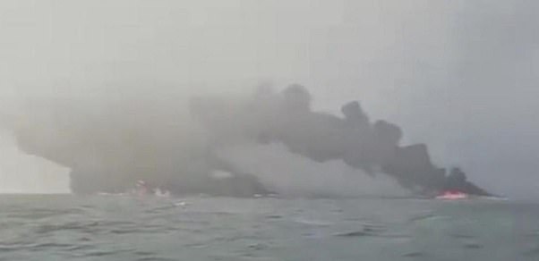 Footage appears to show both vessels ablaze off the coast of Humber Estuary, Hull