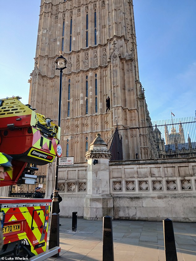 A Pro-Palestine protester has climbed Big Ben barefoot as emergency services raced to the scene this morning.