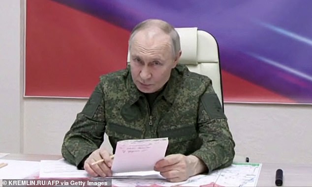 A classified document from an influential Kremlin-linked thinktank has advised Vladimir Putin (pictured) to weaken the US' negotiating position with the Ukraine peace deal (Russian leader pictured on Wednesday)