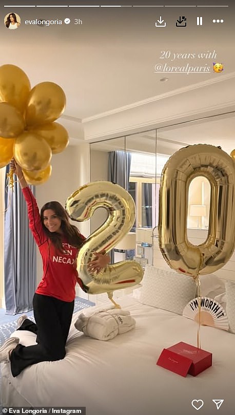 Earlier in the day, Eva took to Instagram and shared that she has worked with L'Oréal for 20 years as she posed with a number of gold balloons on her lavish bed