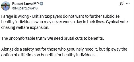 Former Reform MP Rupert Lowe laid into Mr Farage for his 'cynical' move on benefits