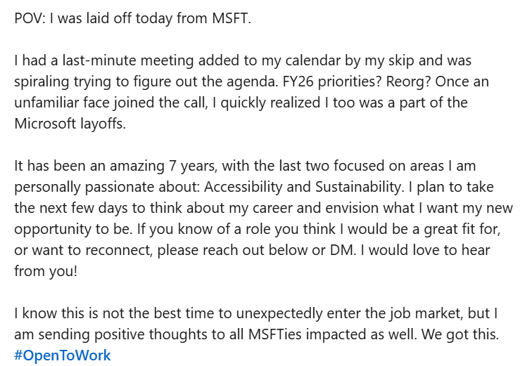 A post by a laid-off Microsoft employee. (LinkedIn) A post by a laid-off Microsoft employee. (LinkedIn)