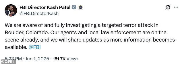 FBI Director Kash Patel tweeted about the incident just after 5.20pm