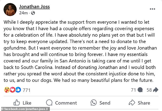 In a follow-up post, de Gonzales addressed his late spouse's followers on plans for a celebration of life ceremony