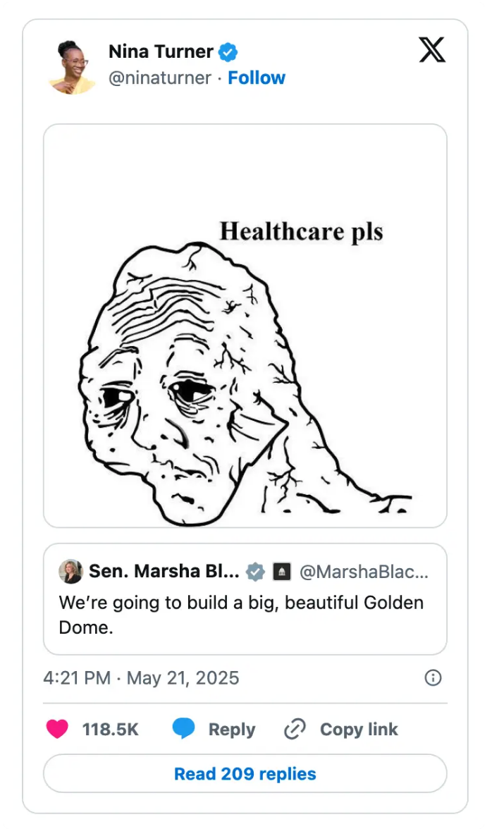 Meme with a tired face saying "Healthcare pls" above a tweet about building a golden dome, implying a critique of political priorities
