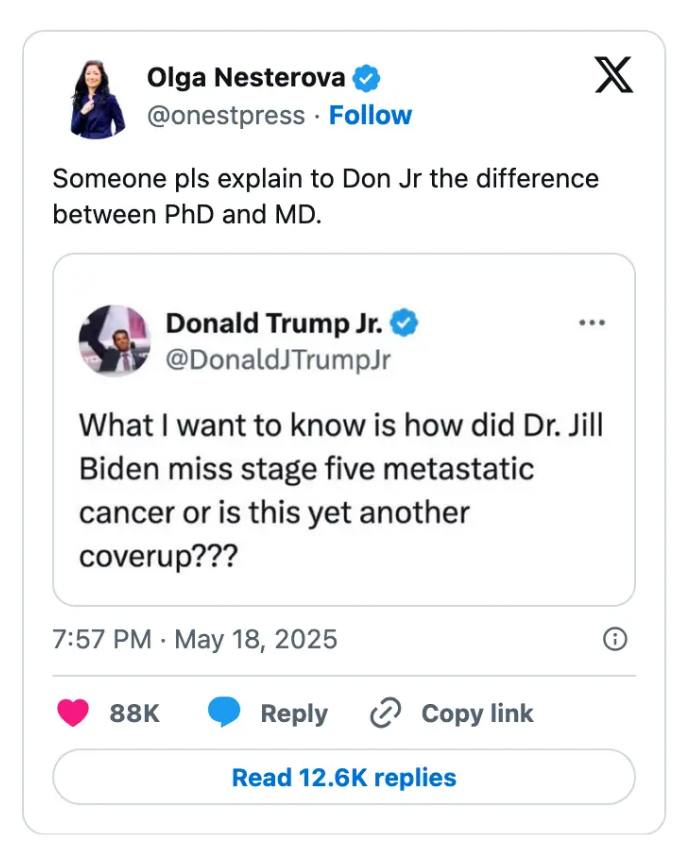 Screenshot of tweets: One asks someone to explain to Don Jr. the difference between PhD and MD. Don Jr.'s tweet questions Dr. Jill Biden's cancer recovery