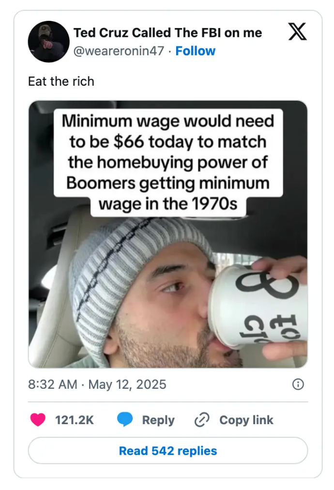 Man drinking from cup; text conversation about minimum wage needing to be $66 today to match 1970s buying power