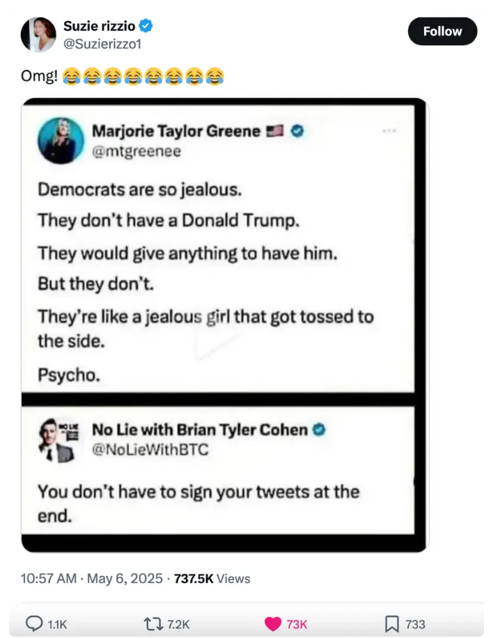 Tweet screenshot of Marjorie Taylor Greene, labeled fake by another tweet, discussing Democrats' feelings about Donald Trump