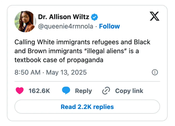 Tweet by Dr. Allison Wiltz highlights a disparity in labeling White immigrants as "refugees" and Black or Brown immigrants as "illegal aliens" as propaganda
