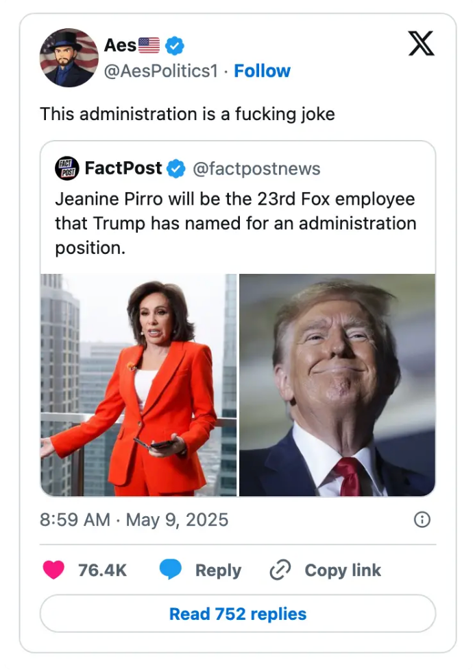 Tweet expressing disapproval of Trump's appointment of Jeanine Pirro, shown in a white outfit, to an administration position