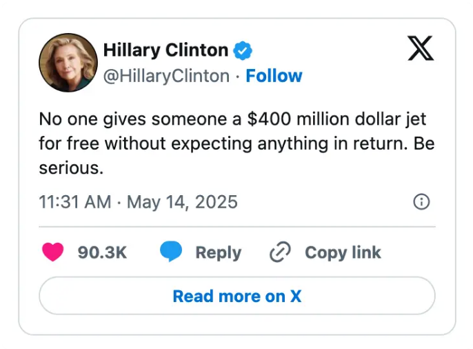 Tweet attributed to Hillary Clinton stating skepticism about someone getting a $400 million jet for free. Includes engagement icons